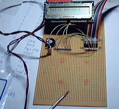 Ansicht mit LCD-Modul und Anzeige "Hallo World!"